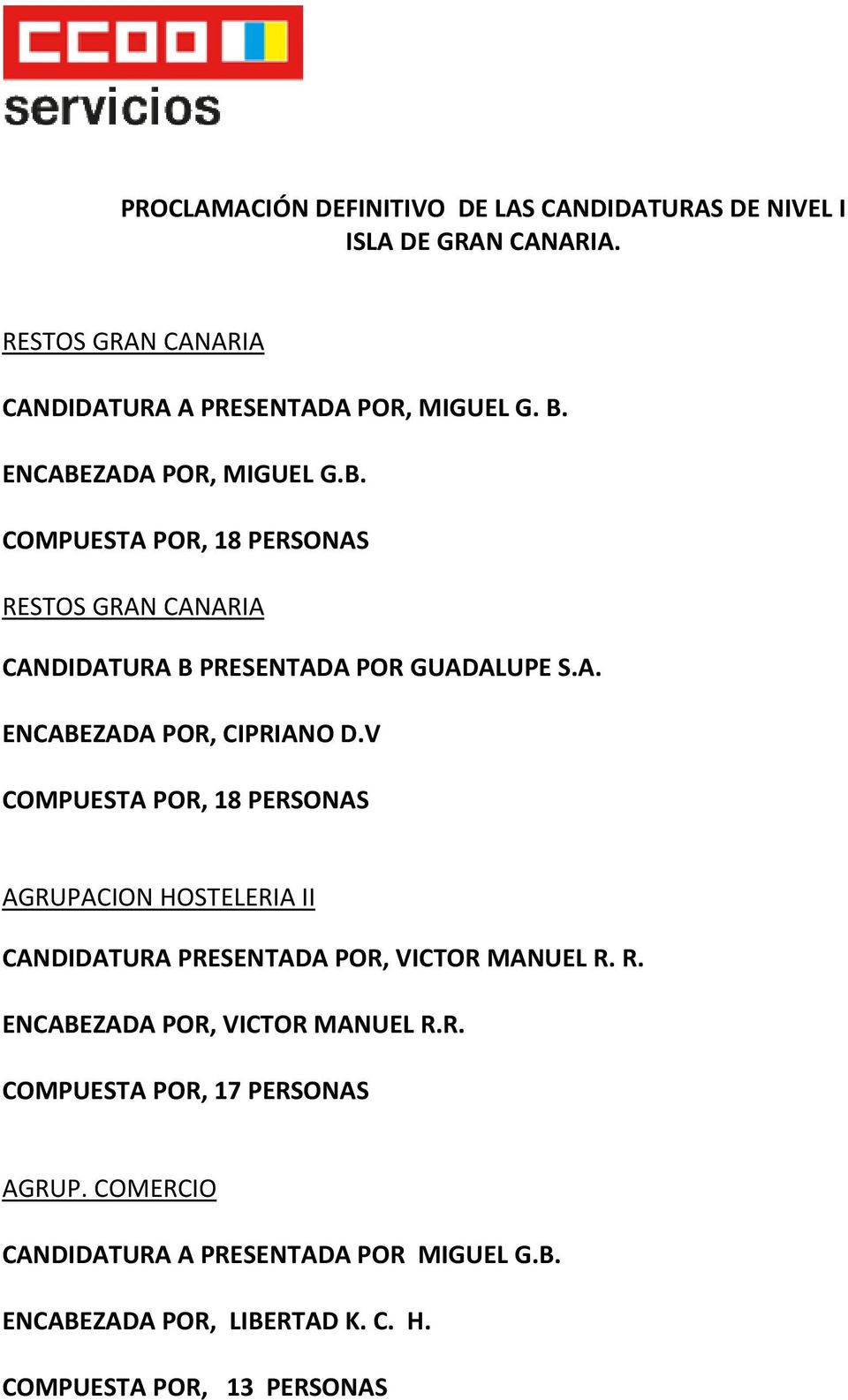 V COMPUESTA POR, 18 PERSONAS AGRUPACION HOSTELERIA II CANDIDATURA PRESENTADA POR, VICTOR MANUEL R. R. ENCABEZADA POR, VICTOR MANUEL R.R. COMPUESTA POR, 17 PERSONAS AGRUP.