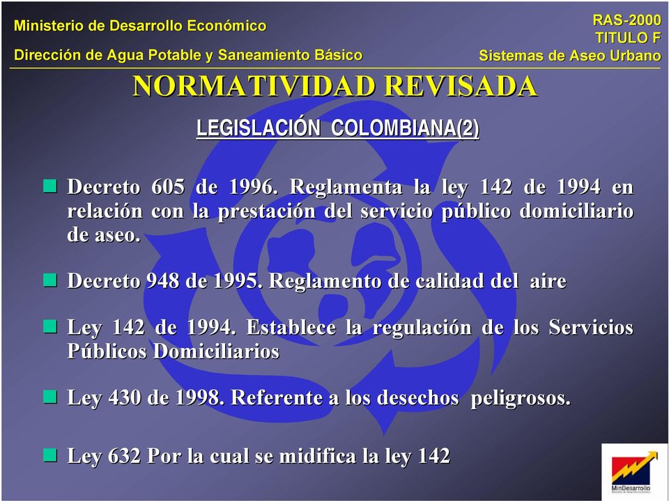aseo. Decreto 948 de 1995. Reglamento de calidad del aire Ley 142 de 1994.