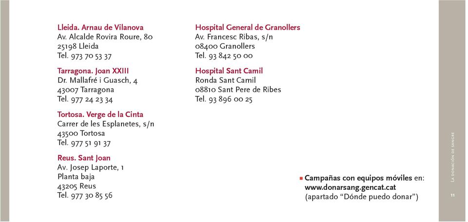 Sant Joan Av. Josep Laporte, 1 Planta baja 43205 Reus Tel. 977 30 85 56 Hospital General de Granollers Av. Francesc Ribas, s/n 08400 Granollers Tel.