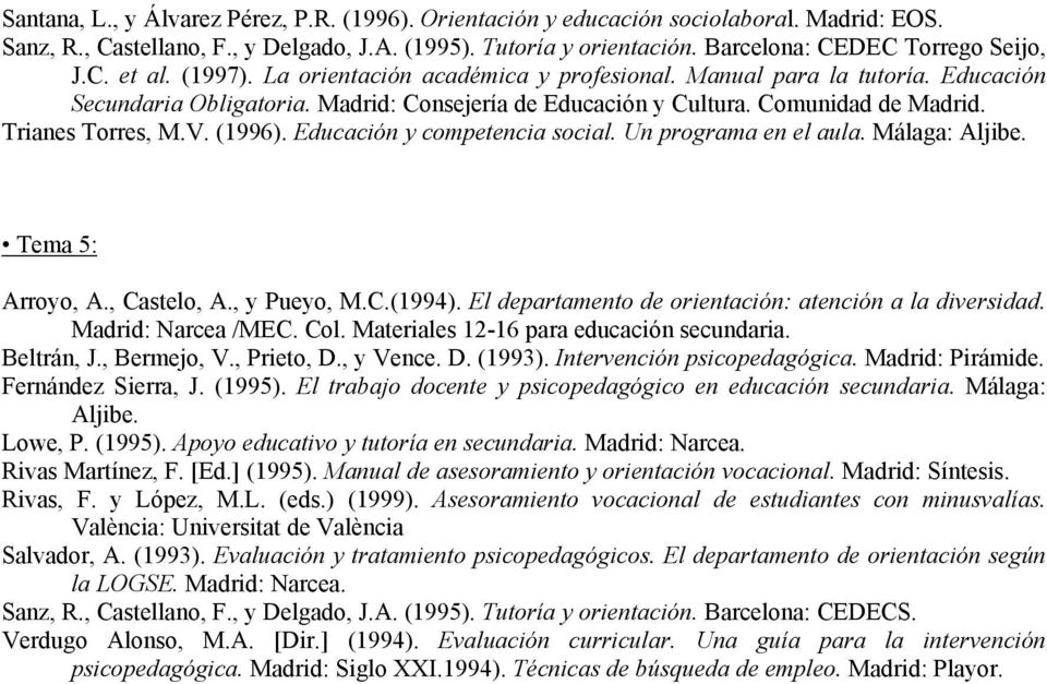 Comunidad de Madrid. Trianes Torres, M.V. (1996). Educación y competencia social. Un programa en el aula. Málaga: Aljibe. Tema 5: Arroyo, A., Castelo, A., y Pueyo, M.C.(1994).