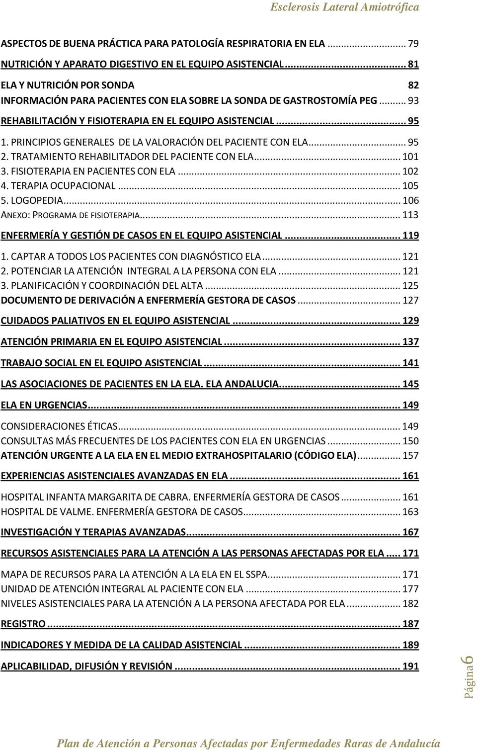 PRINCIPIOS GENERALES DE LA VALORACIÓN DEL PACIENTE CON ELA... 95 2. TRATAMIENTO REHABILITADOR DEL PACIENTE CON ELA... 101 3. FISIOTERAPIA EN PACIENTES CON ELA... 102 4. TERAPIA OCUPACIONAL... 105 5.