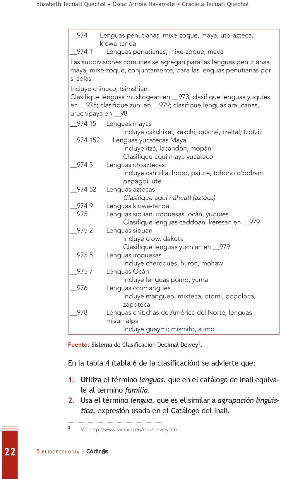 clasifique lenguas yuquíes en 975; clasifique zuni en 979; clasifique lenguas araucanas, uruchipaya en 98 974 15 Lenguas mayas Incluye cakchikel, kekchi, quiché, tzeltal, tzotzil 974 152 Lenguas
