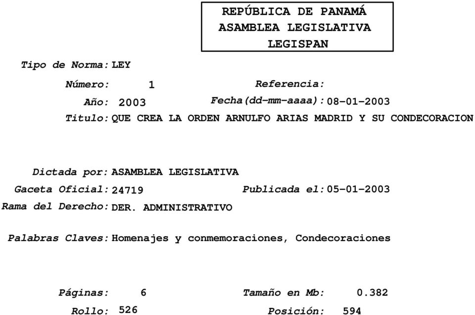 por:asamblea LEGISLATIVA Gaceta Oficial:24719 Publicada el:05-01-2003 Rama del Derecho: DER.