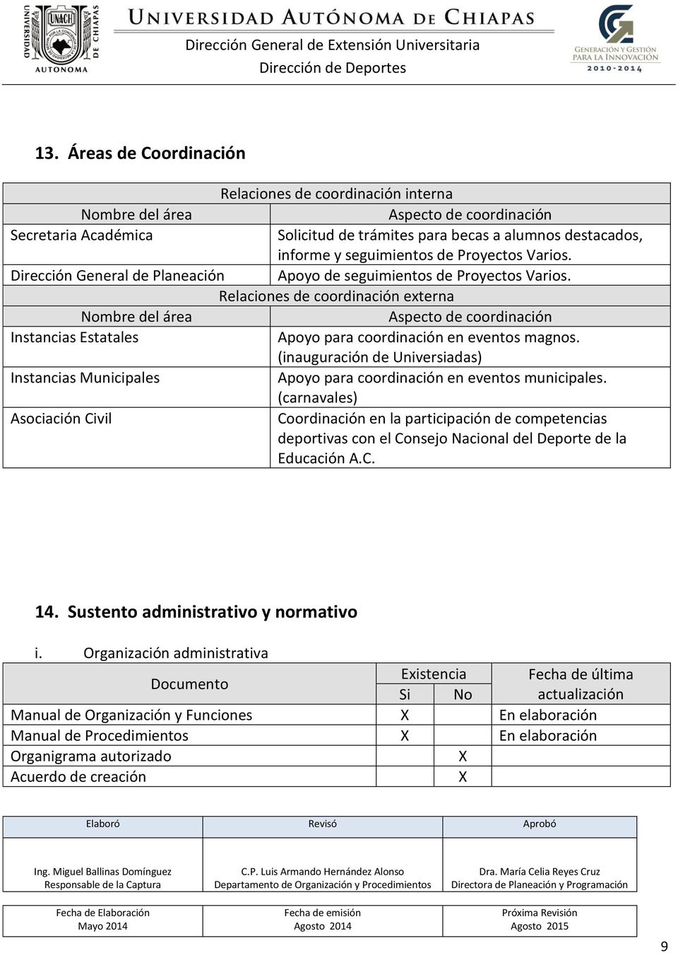 Relaciones de coordinación externa Nombre del área Aspecto de coordinación Instancias Estatales Apoyo para coordinación en eventos magnos.