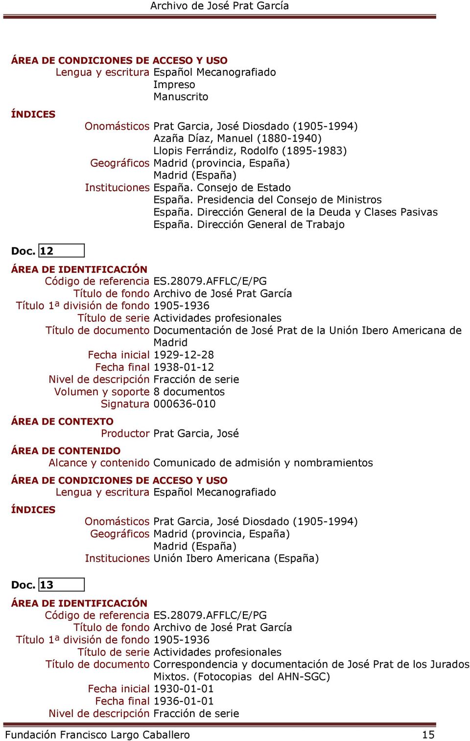 12 Título 1ª división de fondo 1905-1936 Título de serie Actividades profesionales Título de documento Documentación de José Prat de la Unión Ibero Americana de Madrid Fecha inicial 1929-12-28 Fecha