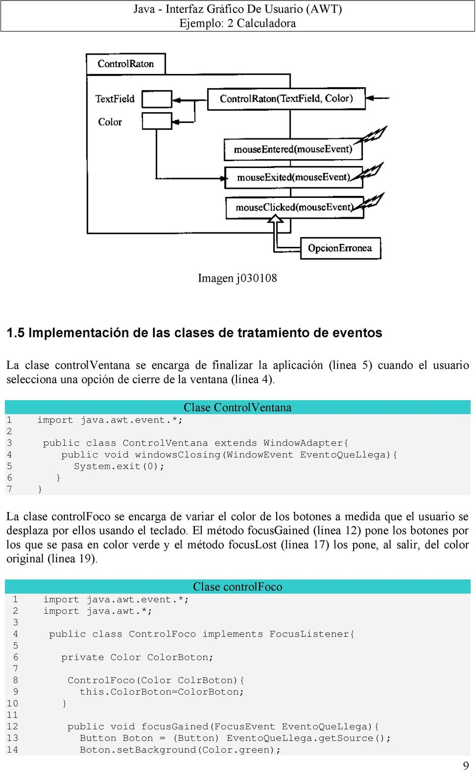 4). Clase ControlVentana 1 import java.awt.event.*; 2 3 public class ControlVentana extends WindowAdapter{ 4 public void windowsclosing(windowevent EventoQueLlega){ 5 System.