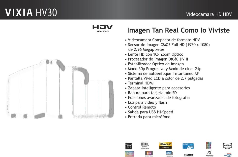 C DV II Estabilizador Óptico de imagen Modo 30p Progresivo y Modo de cine 24p Sistema de autoenfoque instantáneo AF Pantalla Vivid LCD a