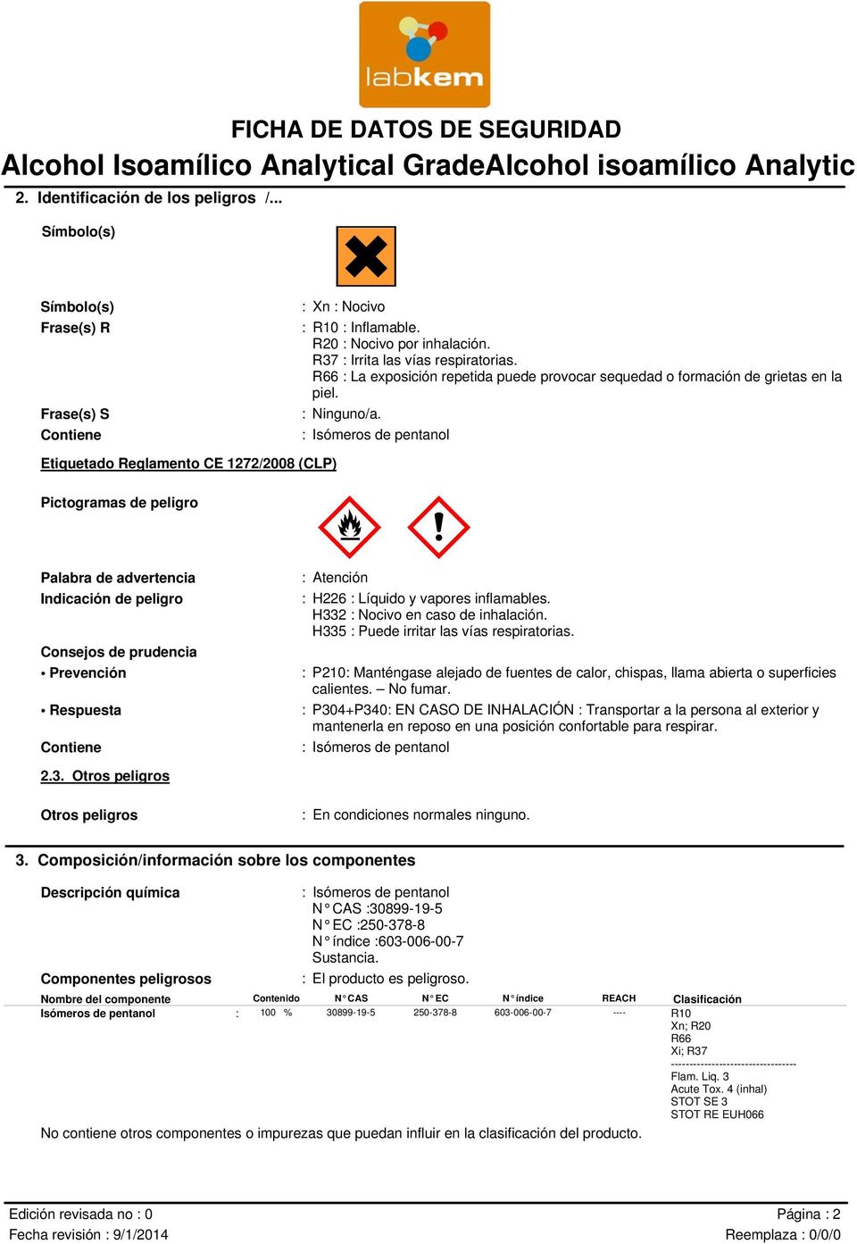 : Isómeros de pentanol Etiquetado Reglamento CE 1272/2008 (CLP) Pictogramas de peligro Palabra de advertencia Indicación de peligro Consejos de prudencia Prevención Respuesta Contiene M MÄ : Atención