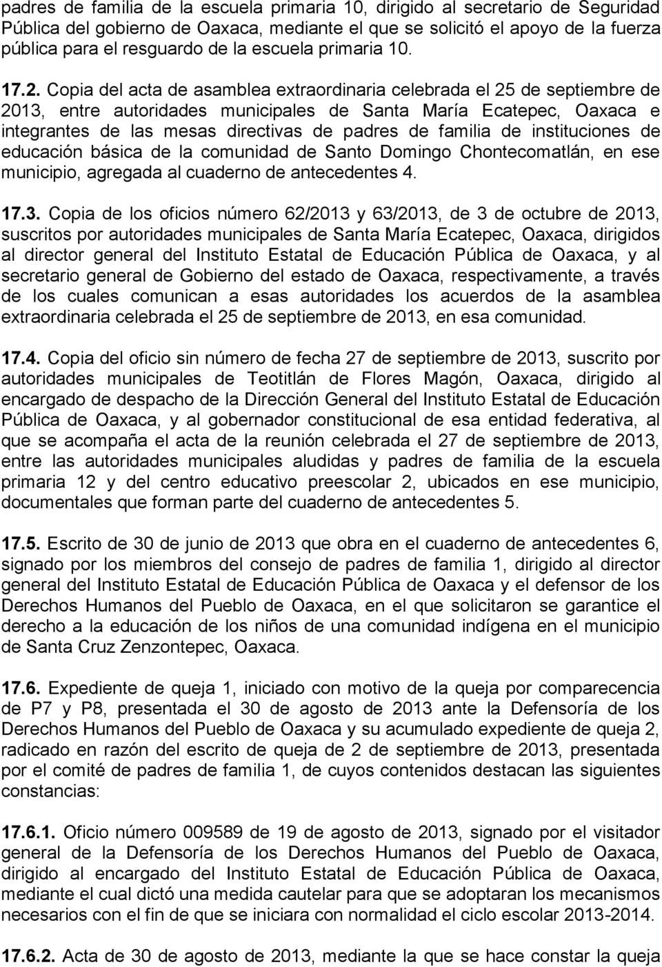Copia del acta de asamblea extraordinaria celebrada el 25 de septiembre de 2013, entre autoridades municipales de Santa María Ecatepec, Oaxaca e integrantes de las mesas directivas de padres de