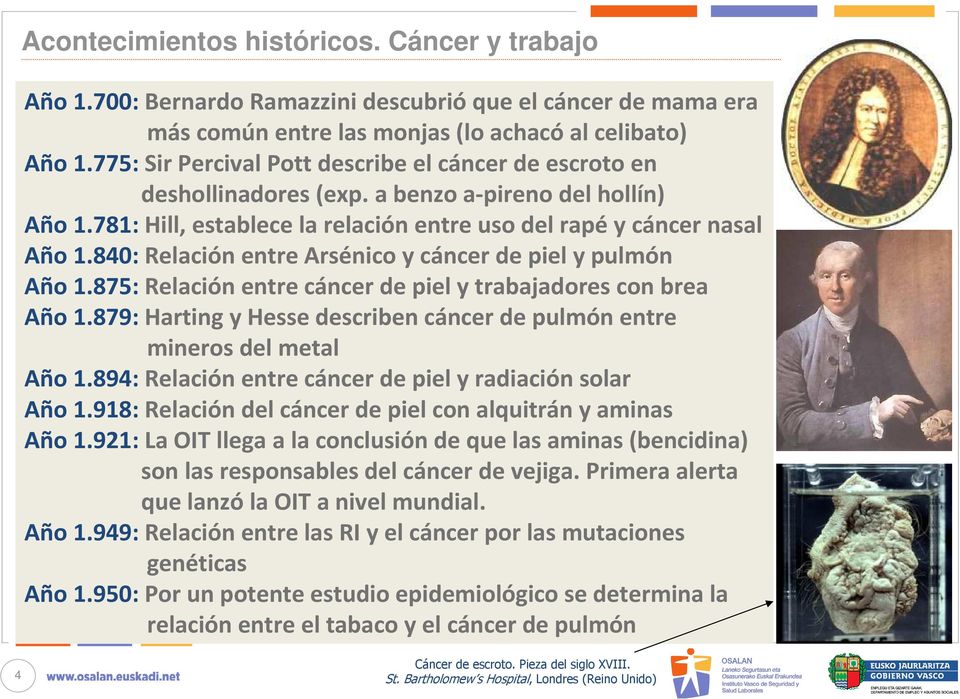 84: Relación entre Arsénico y cáncer de piel y pulmón Año.875: Relación entre cáncer de piel y trabajadores con brea Año.879: Hartingy Hessedescriben cáncer de pulmón entre mineros del metal Año.