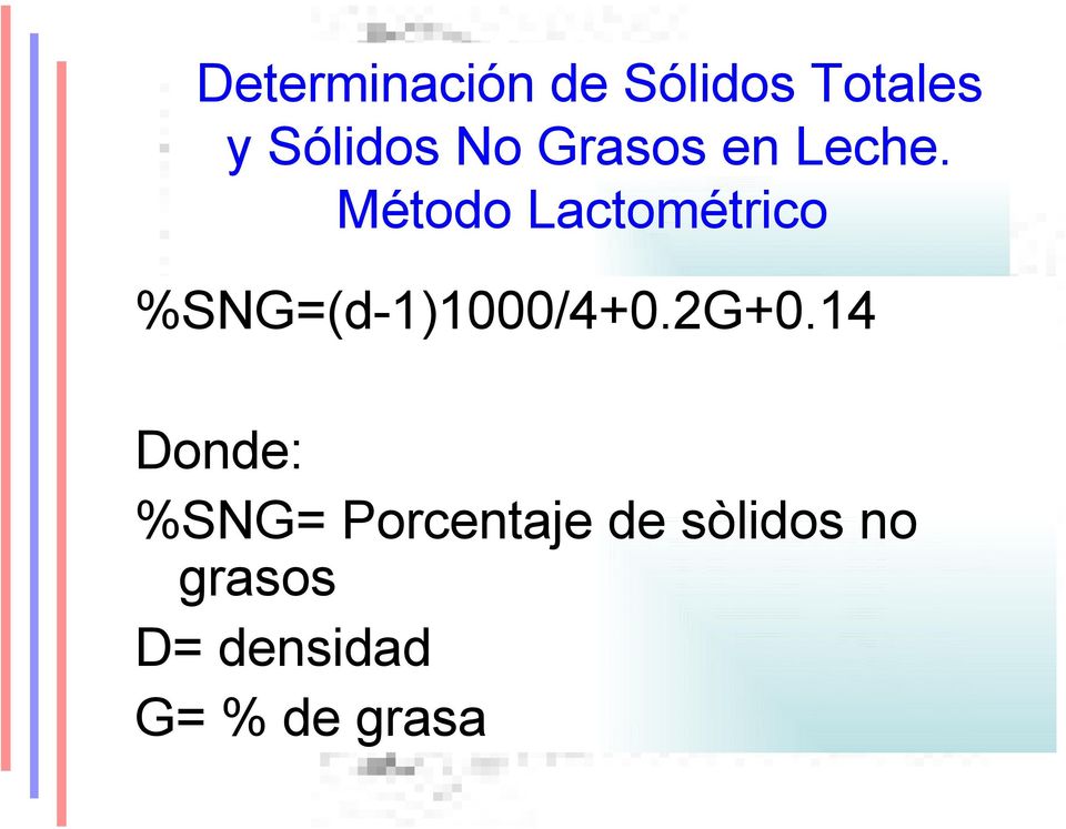 Método Lactométrico %SNG=(d-1)1000/4+0.2G+0.