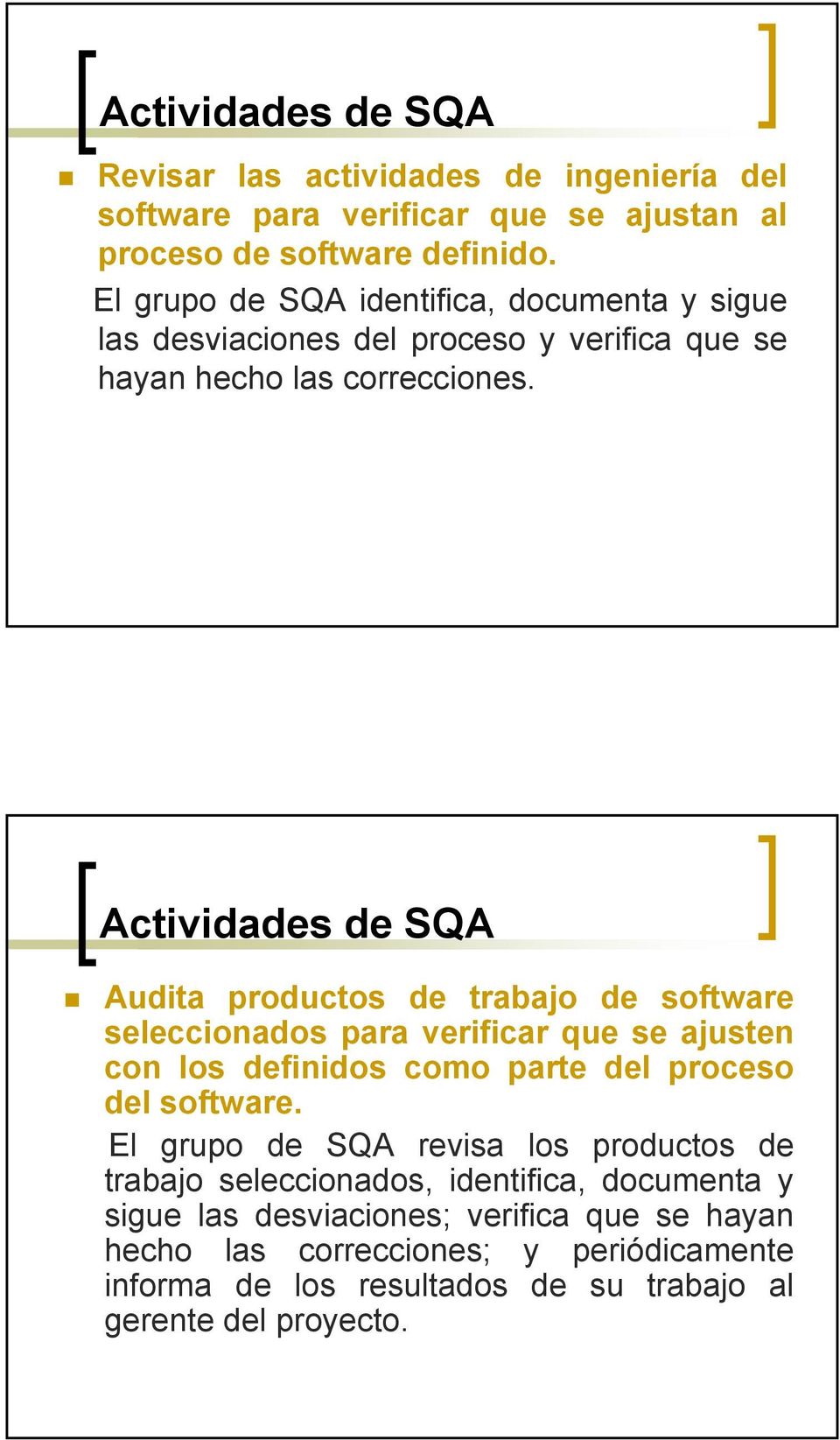 Actividades de SQA Audita productos de trabajo de software seleccionados para verificar que se ajusten con los definidos como parte del proceso del software.
