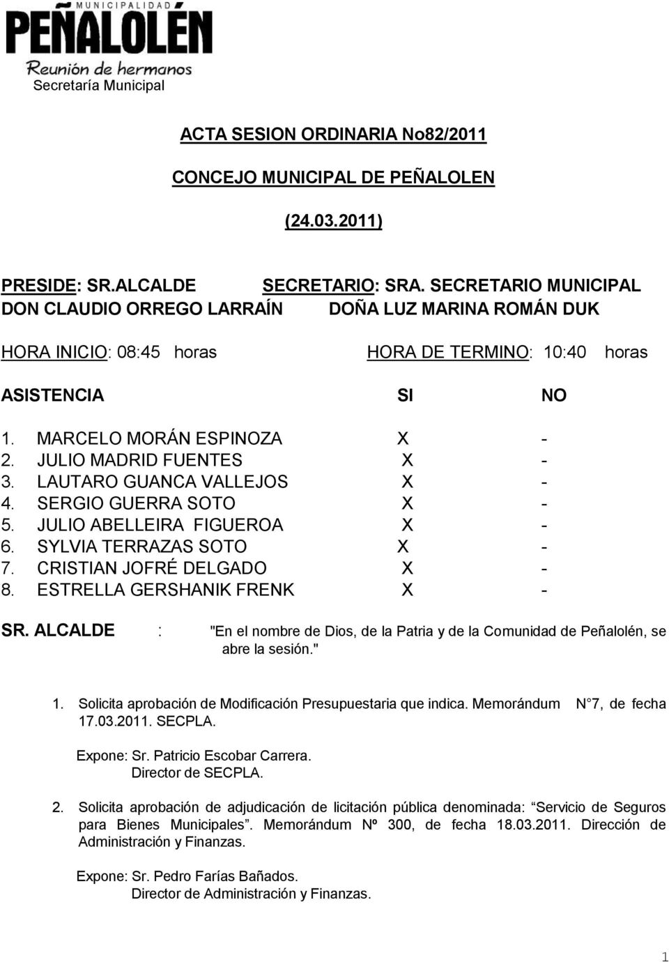 JULIO MADRID FUENTES X - 3. LAUTARO GUANCA VALLEJOS X -. SERGIO GUERRA SOTO X - 5. JULIO ABELLEIRA FIGUEROA X - 6. SYLVIA TERRAZAS SOTO X - 7. CRISTIAN JOFRÉ DELGADO X - 8.