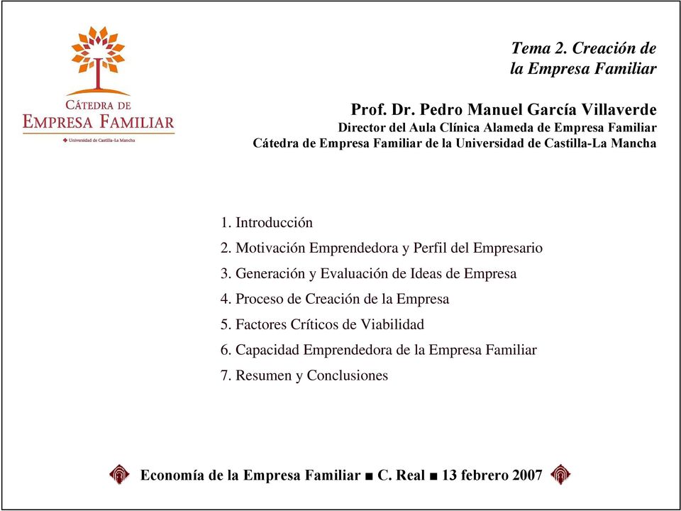 Universidad de Castilla-La Mancha 1. Introducción 2. Motivación Emprendedora y Perfil del Empresario 3.