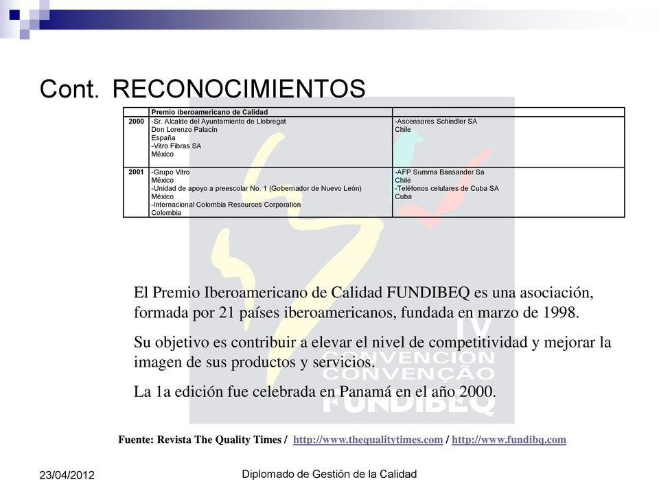 1 (Gobernador de Nuevo León) México -Internacional Colombia Resources Corporation Colombia -Ascensores Schindler SA Chile -AFP Summa Bansander Sa Chile -Teléfonos celulares de Cuba SA Cuba El