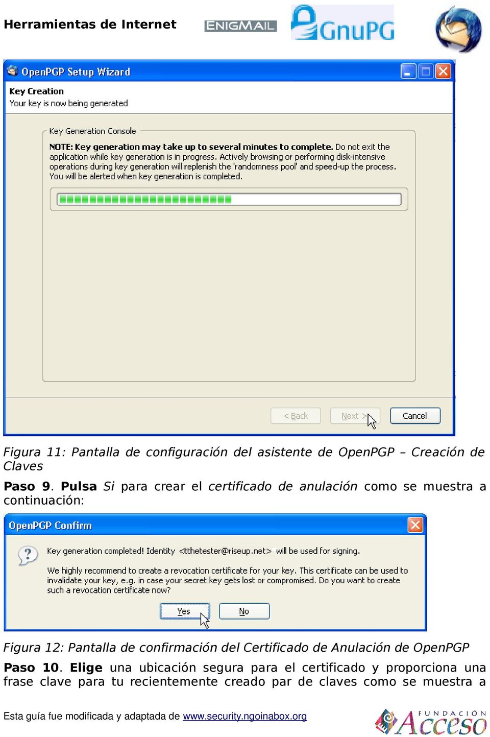 Pantalla de confirmación del Certificado de Anulación de OpenPGP Paso 10.