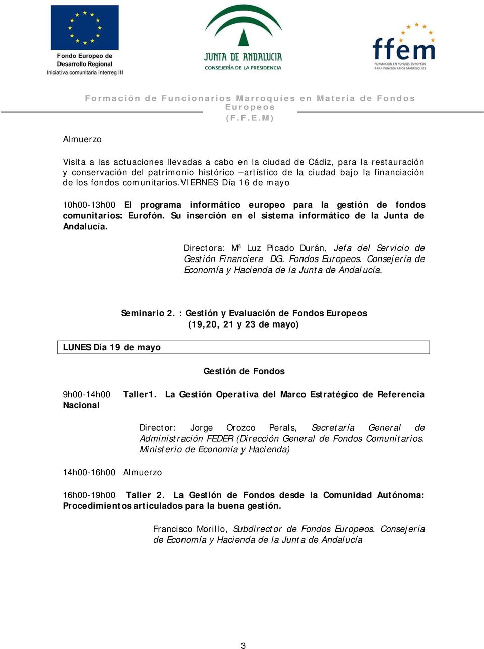 Su inserción en el sistema informático de la Junta de Andalucía. Directora: Mª Luz Picado Durán, Jefa del Servicio de Gestión Financiera DG. Fondos.