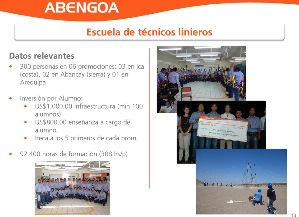 Alumno: US$1,000.00 infraestructura (min 100 alumnos) US$800.