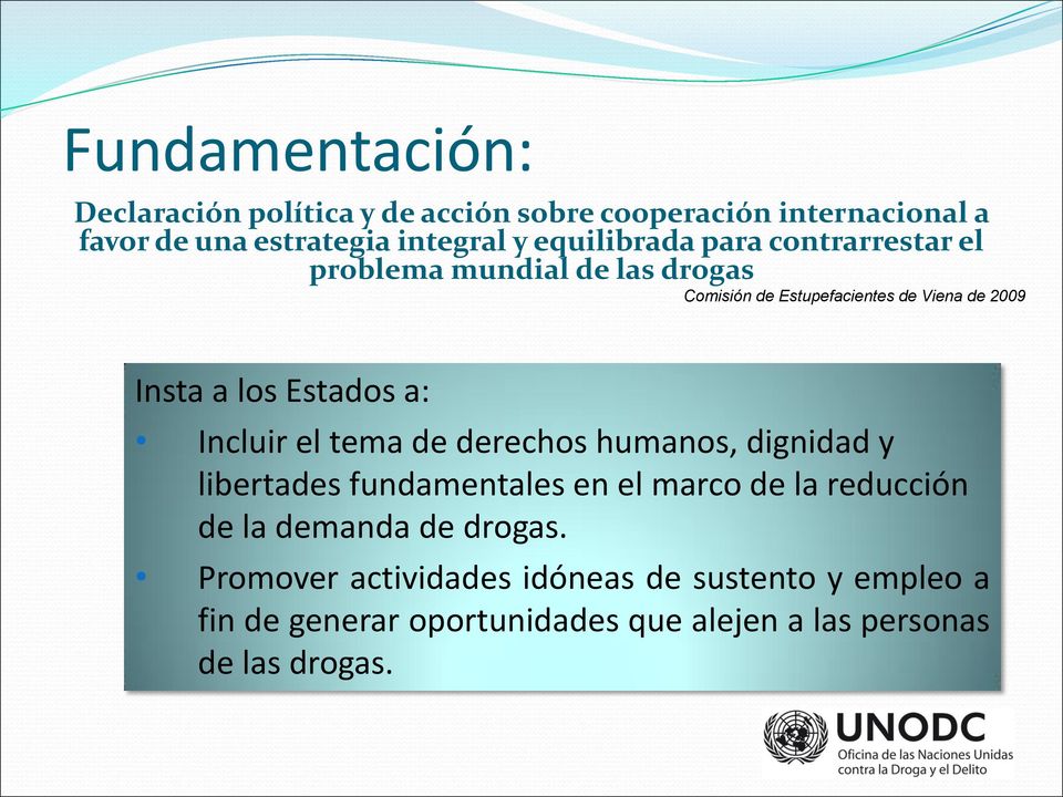 Estados a: Incluir el tema de derechos humanos, dignidad y libertades fundamentales en el marco de la reducción de la