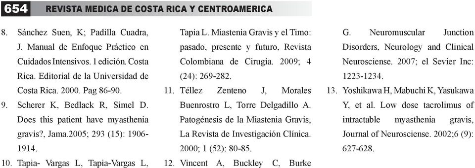 Tapia- Vargas L, Tapia-Vargas L, Tapia L. Miastenia Gravis y el Timo: pasado, presente y futuro, Revista Colombiana de Cirugía. 2009; 4 (24): 269-282. 11.