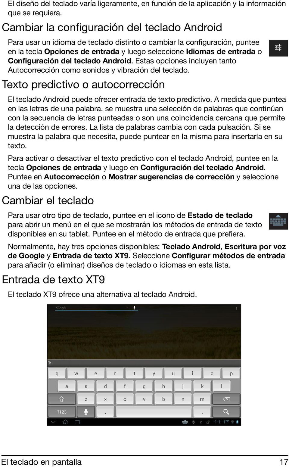 Configuración del teclado Android. Estas opciones incluyen tanto Autocorrección como sonidos y vibración del teclado.