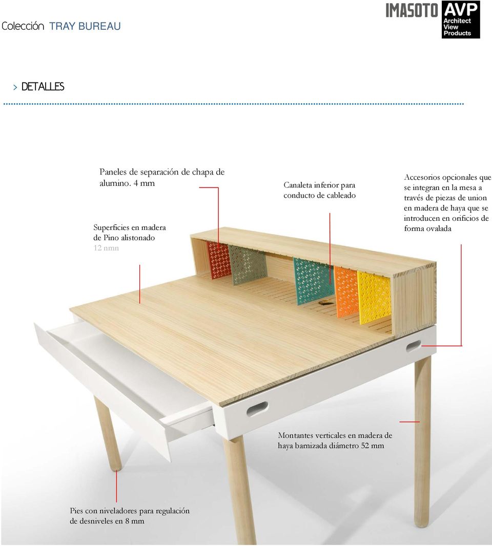 Accesorios opcionales que se integran en la mesa a través de piezas de union en madera de haya que se