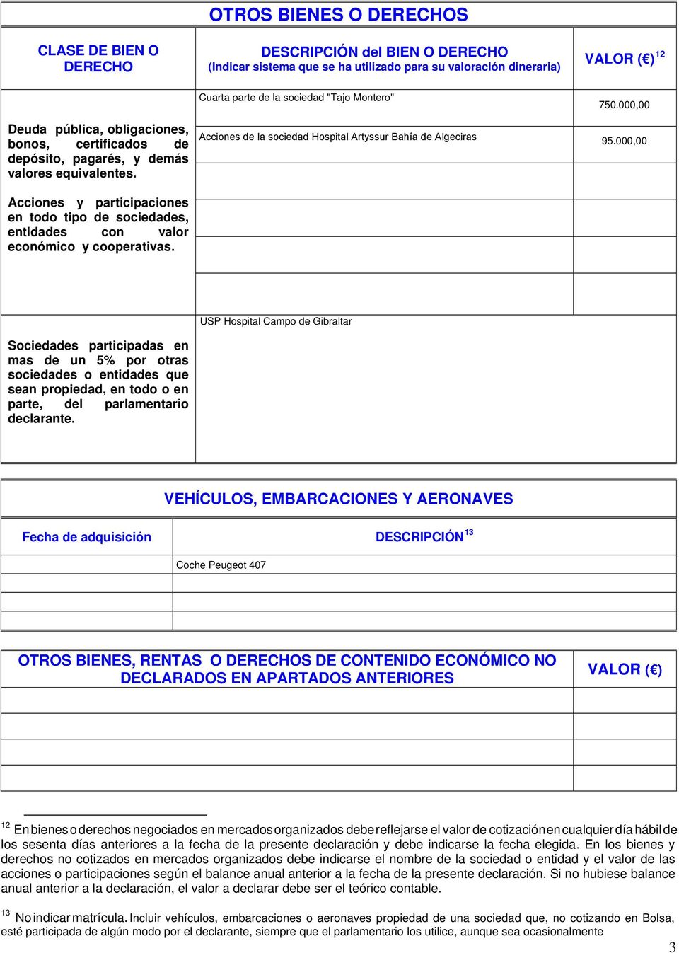 Cuarta parte de la sociedad "Tajo Montero" Acciones de la sociedad Hospital Artyssur Bahía de Algeciras 750.000,00 95.