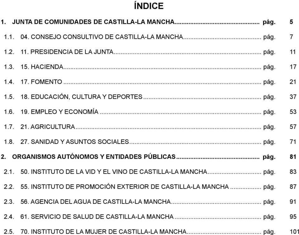 ORGANISMOS AUTÓNOMOS Y ENTIDADES PÚBLICAS... pág. 81 2.1. 50. INSTITUTO DE LA VID Y EL VINO DE CASTILLA-LA MANCHA... pág. 83 2.2. 55. INSTITUTO DE PROMOCIÓN EXTERIOR DE CASTILLA-LA MANCHA... pág. 87 2.