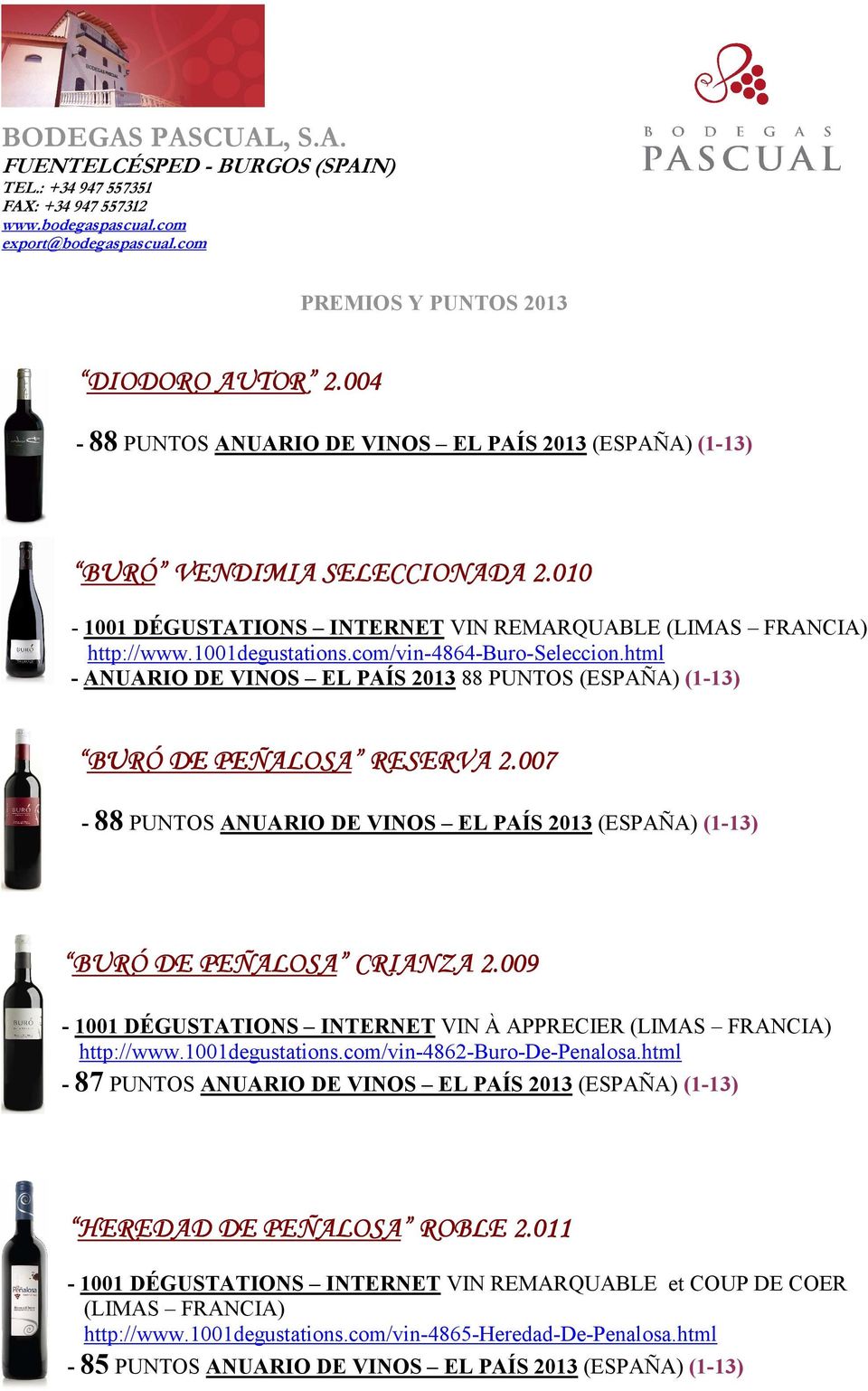 007-88 PUNTOS ANUARIO DE VINOS EL PAÍS 2013 (ESPAÑA) (1-13) BURÓ DE PEÑALOSA CRIANZA 2.009-1001 DÉGUSTATIONS INTERNET VIN À APPRECIER (LIMAS FRANCIA) http://www.1001degustations.