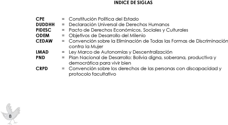 Todas las Formas de Discriminación contra la Mujer = Ley Marco de Autonomías y Descentralización = Plan Nacional de Desarrollo: Bolivia