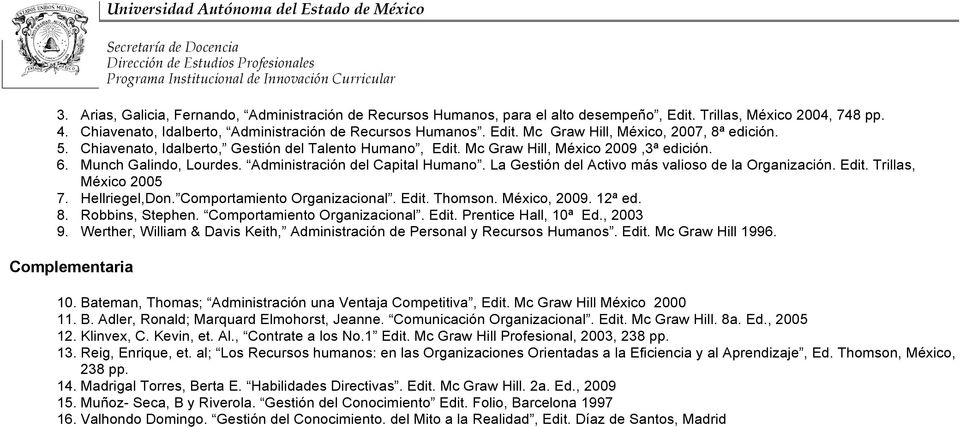 La Gestión del Activo más valioso de la Organización. Edit. Trillas, México 2005 7. Hellriegel,Don. Comportamiento Organizacional. Edit. Thomson. México, 2009. 12ª ed. 8. Robbins, Stephen.