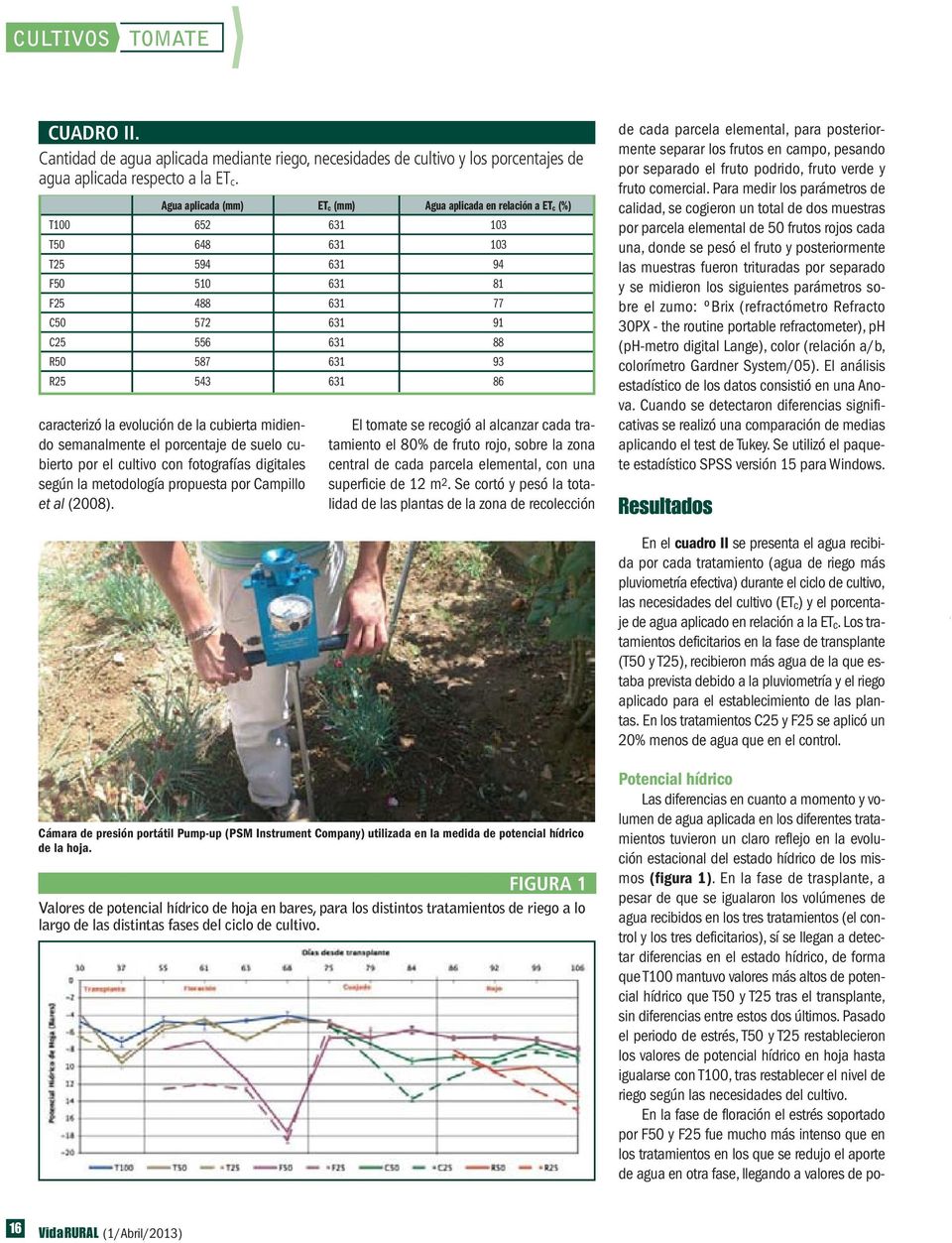 631 86 caracterizó la evolución de la cubierta midiendo semanalmente el porcentaje de suelo cubierto por el cultivo con fotografías digitales según la metodología propuesta por Campillo et al (2008).