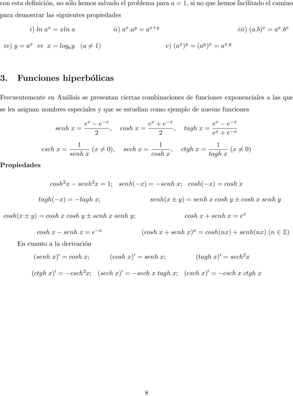 Funciones hiperbólicas Frecuenemene en Análisis se presenan cieras combinaciones de funciones exponenciales a las que se les asignan nombres especiales y que se esudian como ejemplo de nuevas