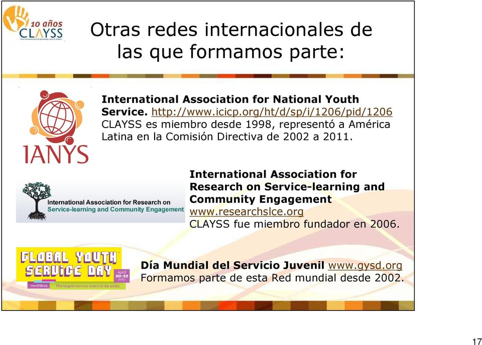 org/ht/d/sp/i/1206/pid/1206 CLAYSS es miembro desde 1998, representó a América Latina en la Comisión Directiva de 2002 a