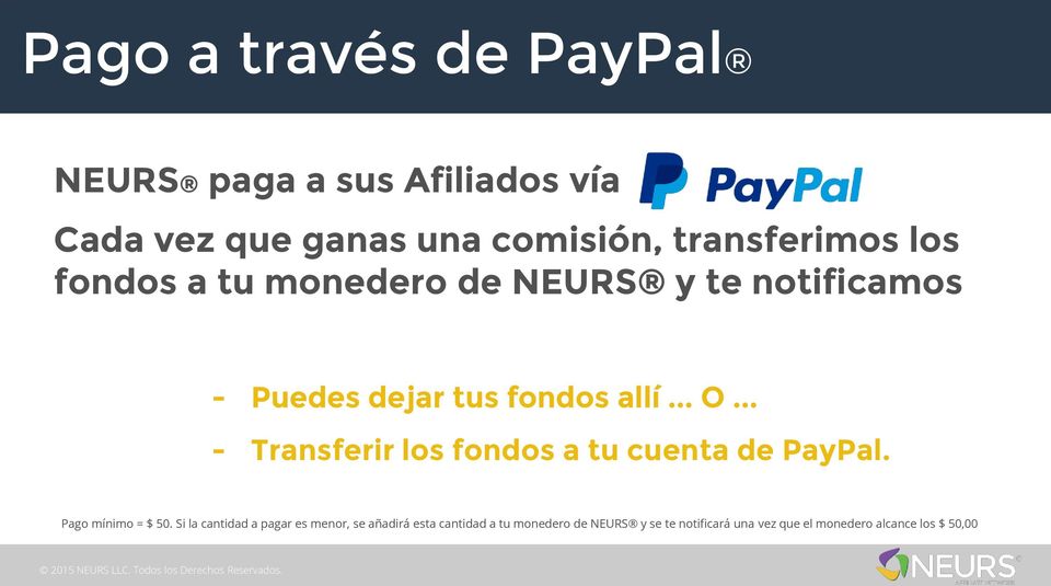 .. - Transferir los fondos a tu cuenta de PayPal. Pago mínimo = $ 50.