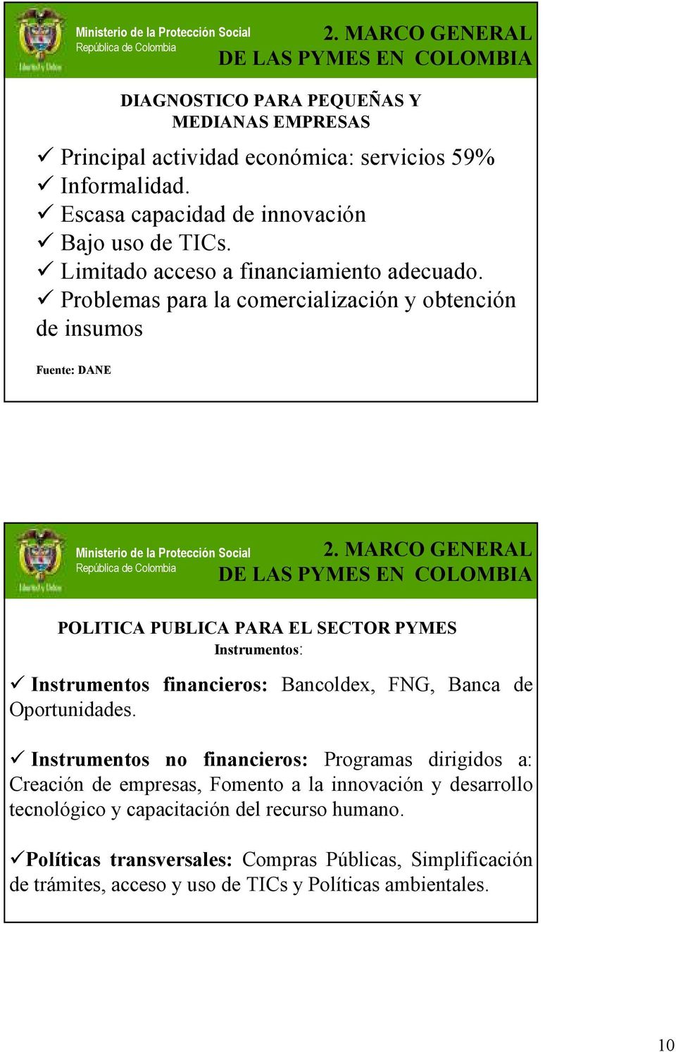 MARCO GENERAL DE LAS PYMES EN COLOMBIA POLITICA PUBLICA PARA EL SECTOR PYMES Instrumentos: Instrumentos financieros: Bancoldex, FNG, Banca de Oportunidades.