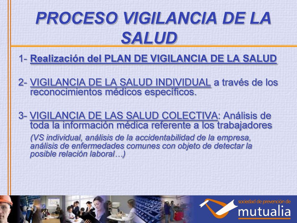 3- VIGILANCIA DE LAS SALUD COLECTIVA: Análisis de toda la información médica referente a los trabajadores