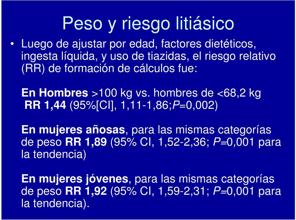 hombres de <68,2 kg RR 1,44 (95%[CI], 1,11-1,86;P=0,002) En mujeres añosas, para las mismas categorías de peso RR