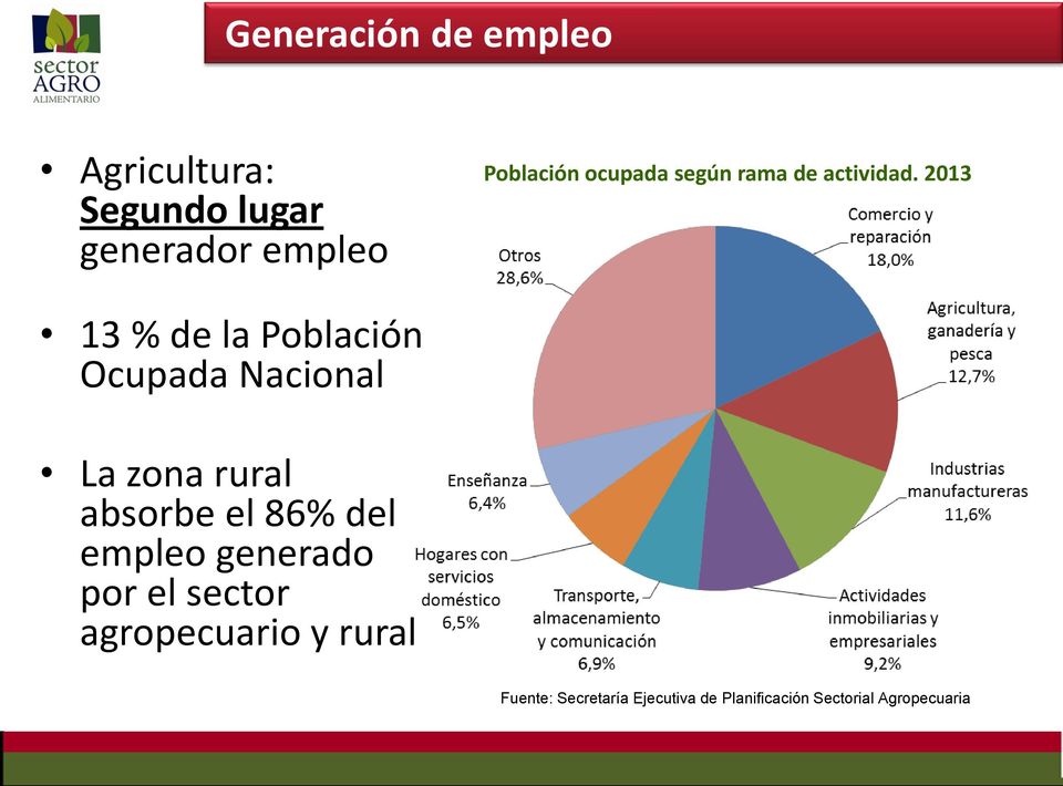 2013 13 % de la Población Ocupada Nacional La zona rural absorbe el 86% del
