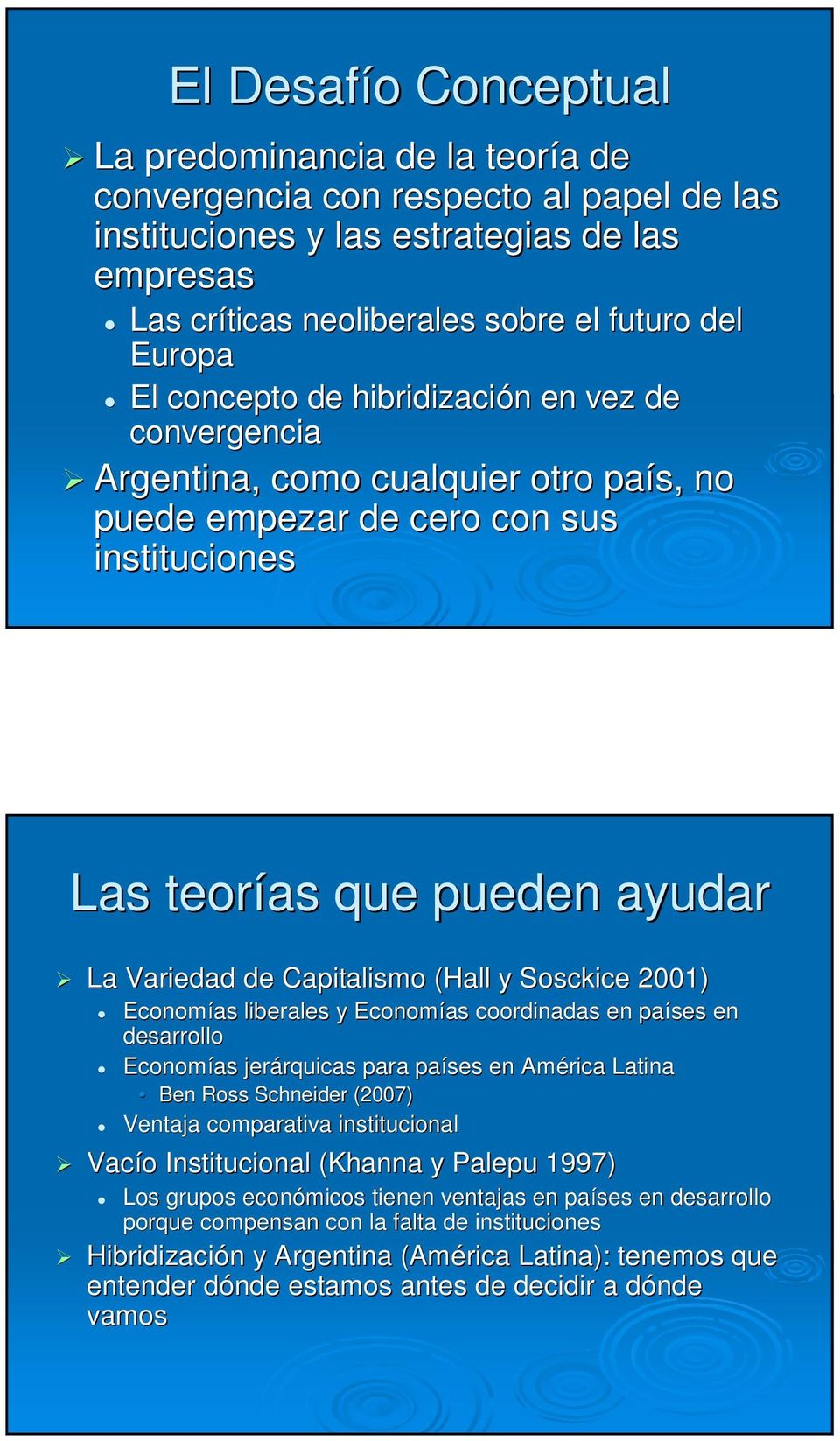 Capitalismo (Hall y Sosckice 2001) Economías liberales y Economías coordinadas en países en desarrollo Economías jerárquicas rquicas para países en América Latina Ben Ross Schneider (2007) Ventaja