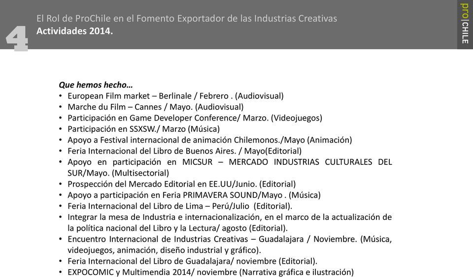 /Mayo (Animación) Feria Internacional del Libro de Buenos Aires. / Mayo(Editorial) Apoyo en participación en MICSUR MERCADO INDUSTRIAS CULTURALES DEL SUR/Mayo.