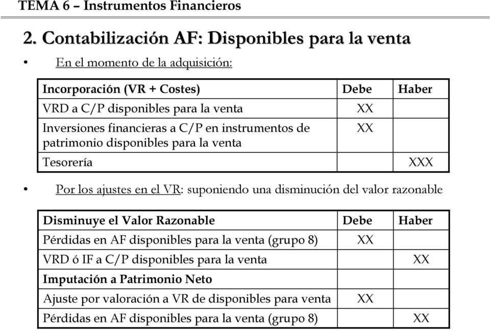 una disminución del valor razonable Disminuye el Valor Razonable Pérdidas en AF disponibles para la venta (grupo 8) VRD ó IF a C/P disponibles