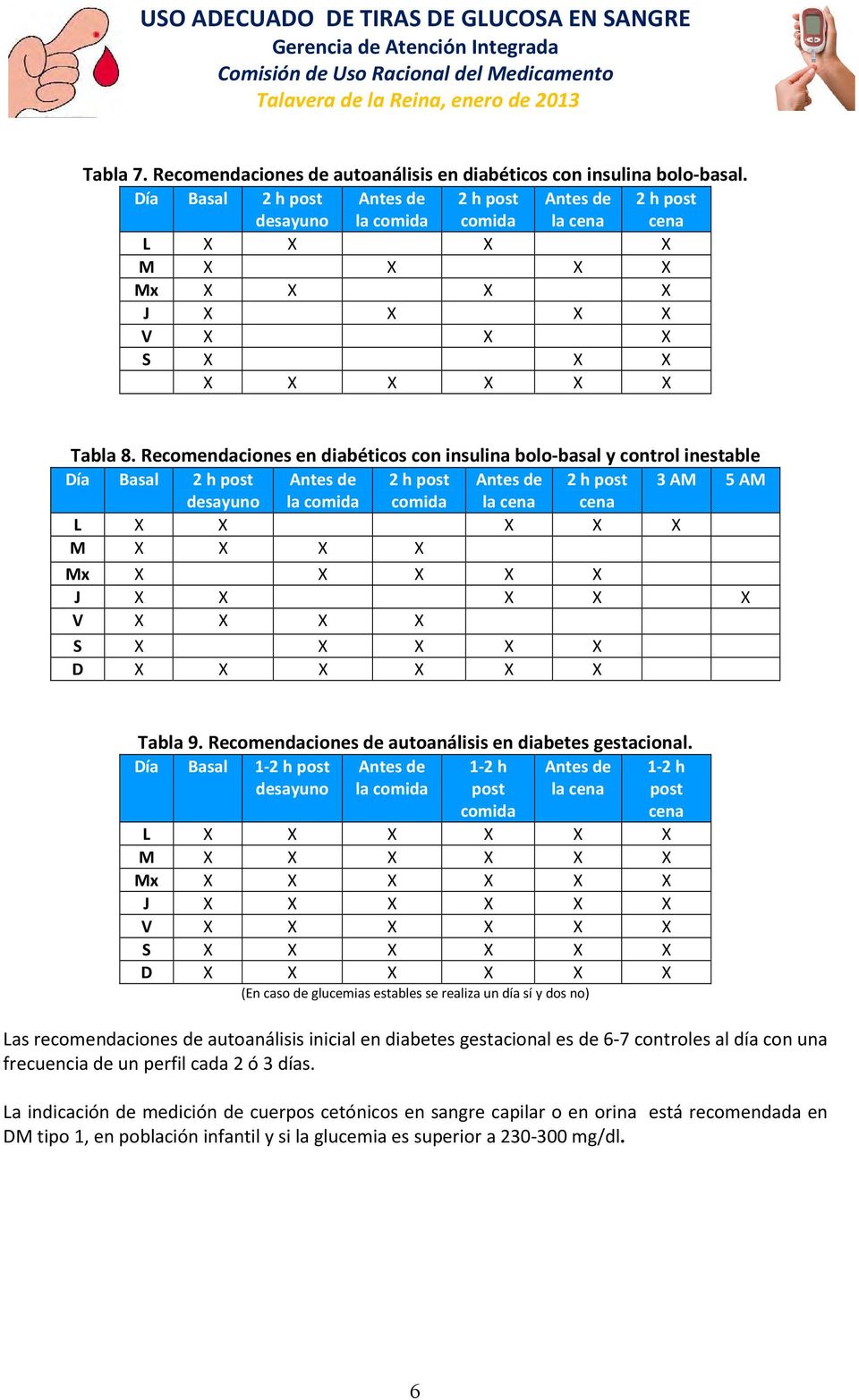 Día Basal 1-1-2 h post 1-2 h post L M Mx J V S D (En caso de glucemias estables se realiza un día sí y dos no) Las recomendaciones de autoanálisis inicial en diabetes gestacional