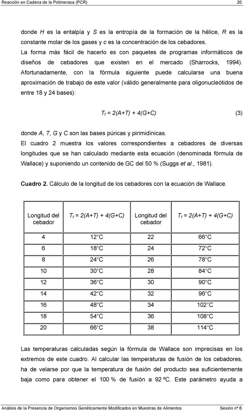 Afortunadamente, con la fórmula siguiente puede calcularse una buena aproximación de trabajo de este valor (válido generalmente para oligonucleótidos de entre 18 y 24 bases): T f = 2(A+T) + 4(G+C)