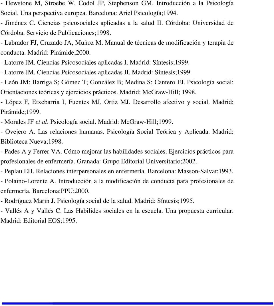 Manual de técnicas de modificación y terapia de conducta. Madrid: Pirámide;2000. - Latorre JM. Ciencias Psicosociales aplicadas I. Madrid: Síntesis;1999. - Latorre JM. Ciencias Psicosociales aplicadas II.