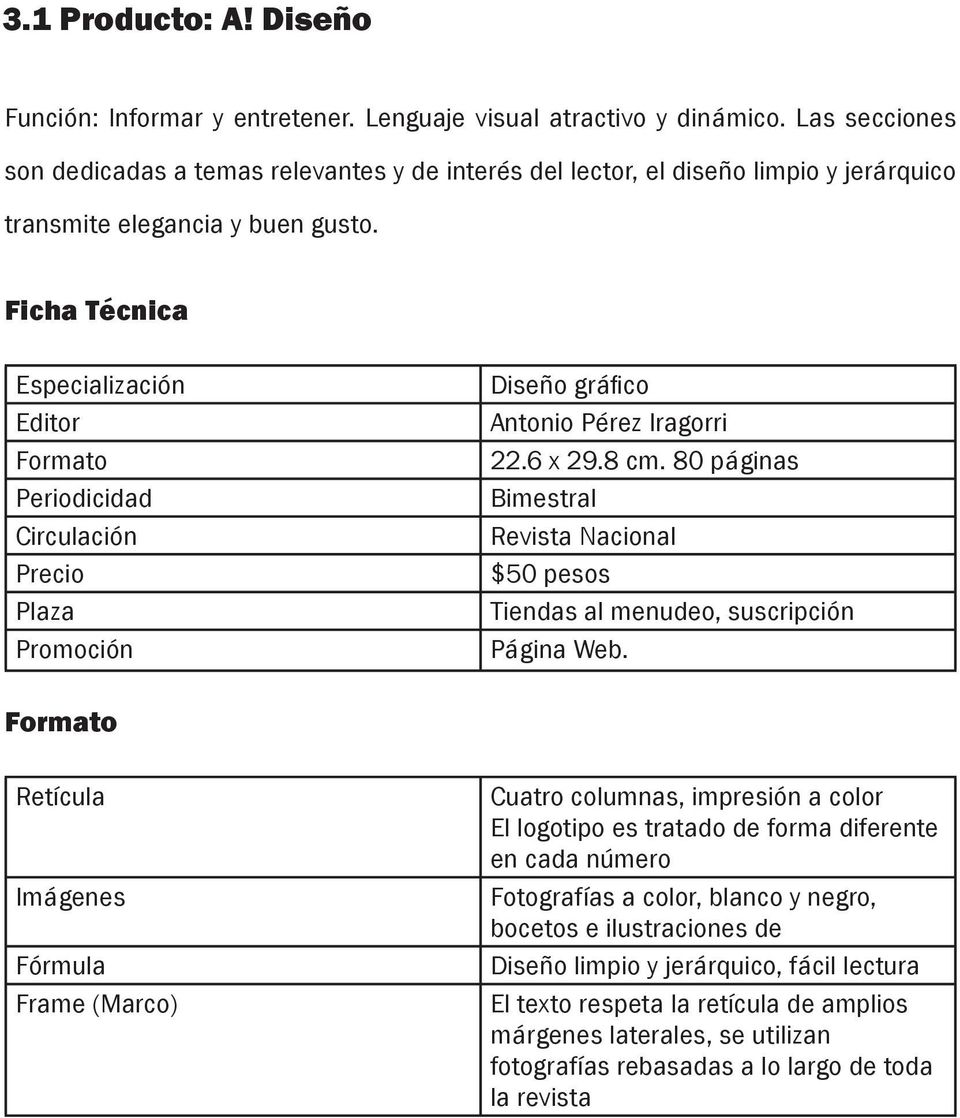 Ficha Técnica Especialización Editor Formato Periodicidad Circulación Precio Plaza Promoción Diseño gráfico Antonio Pérez Iragorri 22.6 x 29.8 cm.