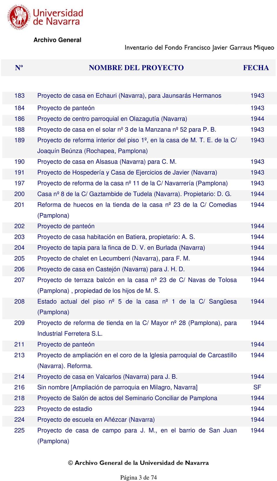 de la C/ 1943 Joaquín Beúnza (Rochapea, Pamplona) 190 Proyecto de casa en Alsasua (Navarra) para C. M.