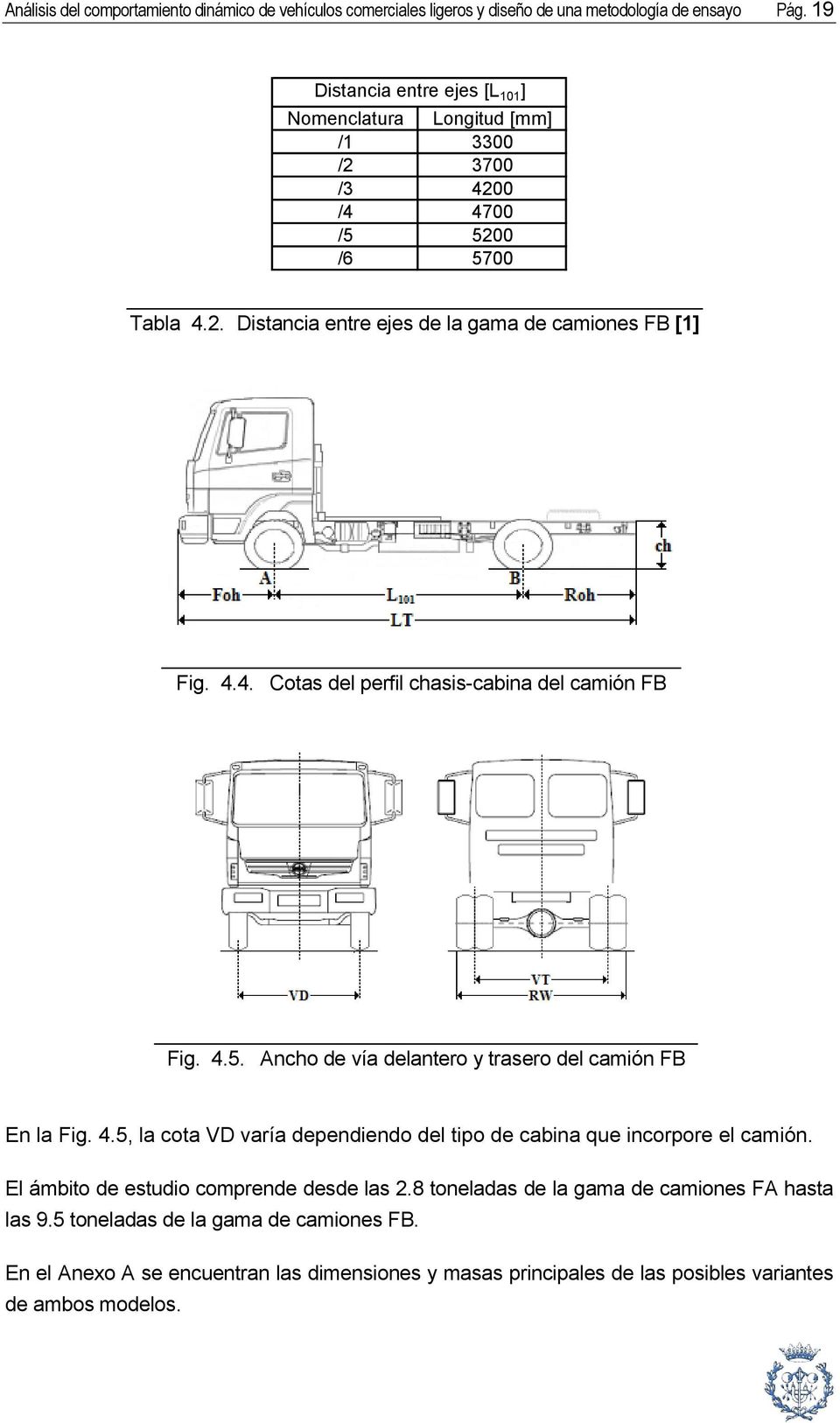 4.5. Ancho de vía delantero y trasero del camión FB En la Fig. 4.5, la cota VD varía dependiendo del tipo de cabina que incorpore el camión.