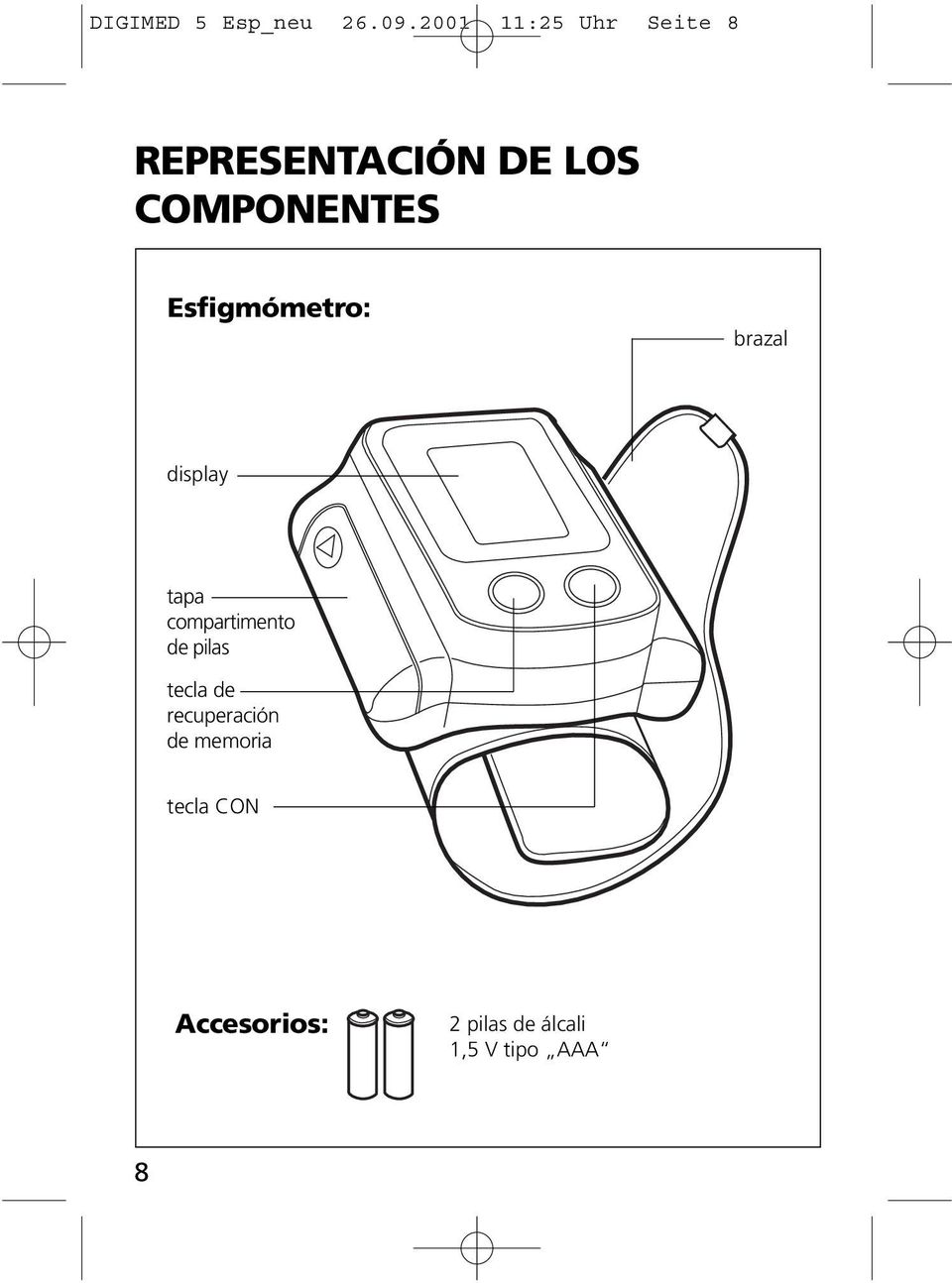 Esfigmómetro: brazal display tapa compartimento de pilas