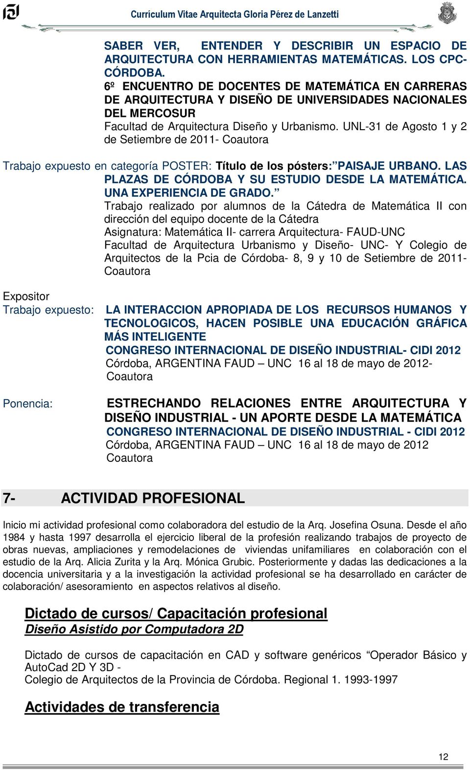 Curriculum Vitae Arquitecta Gloria Perez De Lanzetti Pdf